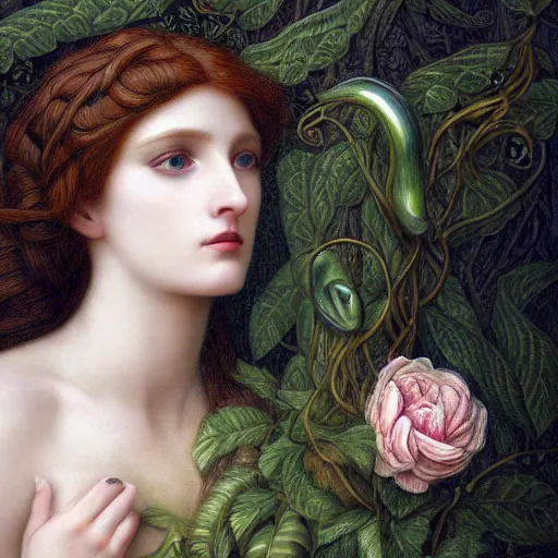 Prompt: Beautiful Pre-Raphaelite goddess of snakes, in the style of John William Godward and Anna Dittman, close-up portrait, porcelain skin, head in focus, flowers and plants, etheric, moody, intricate, mystical,