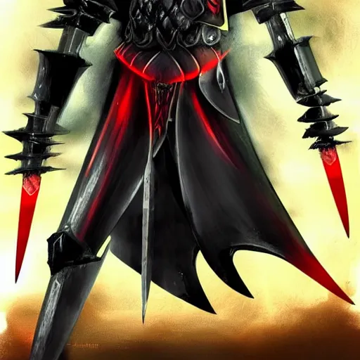 Image similar to Knight with black greatsword and black plate armour, one-eyed, emitting evil red aura, armor merging with body, head turning into half human half wolf hybrid, full body shot, anime blade style art