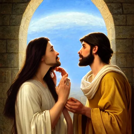 Image similar to jesus kissing a sensual woman in jerusalem, elegant, highly detailed, digital painting, artstation, concept art, matte, sharp focus, highly detailed, 4 k, hdr, smooth, sharp focus, high resolution, award - winning photo, photorealistic, art by artgerm and greg rutkowski and alphonse mucha, large shot