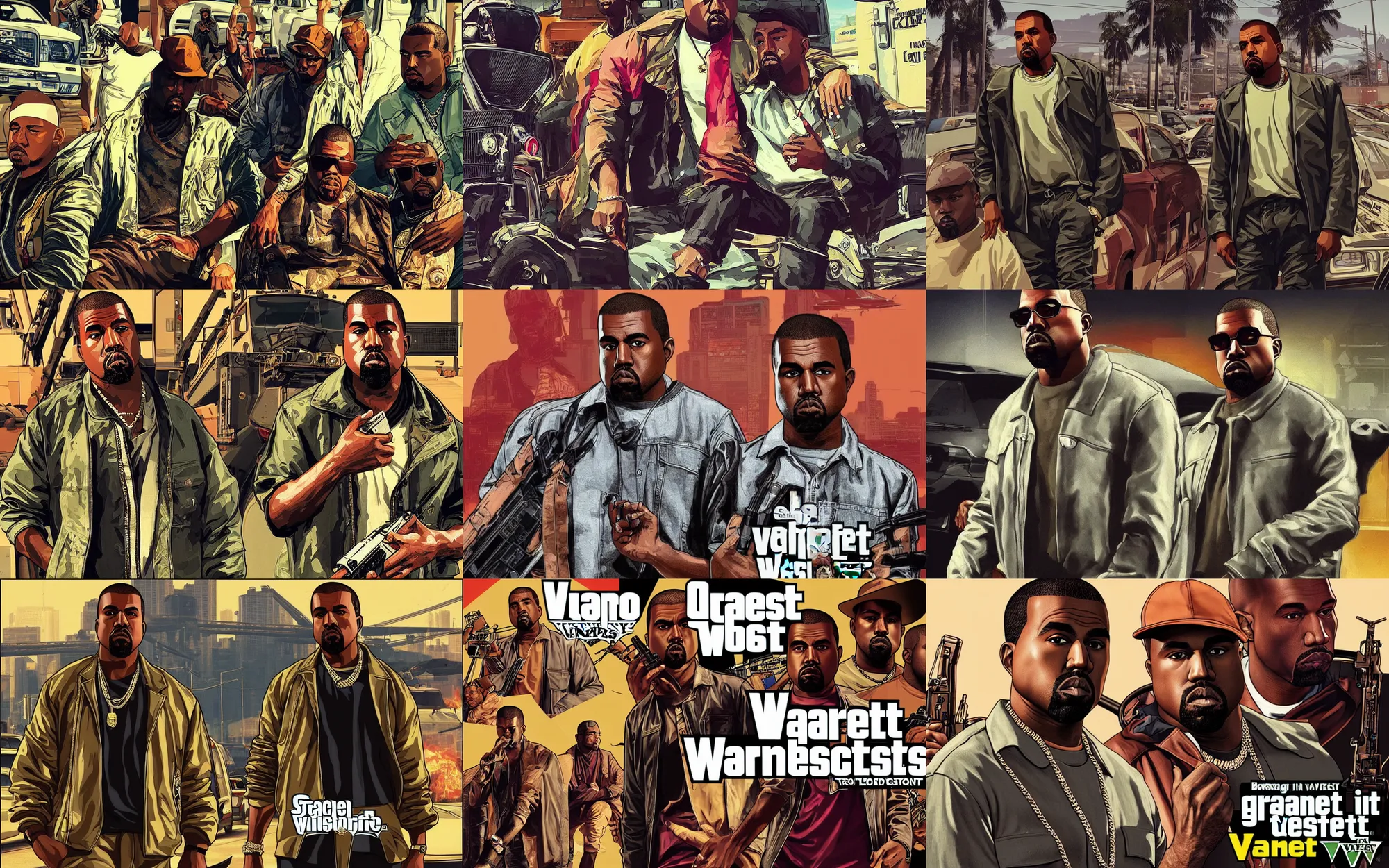 Prompt: “Kanye West in GTA V cover art, loading screen art by Stephen Bliss, boxart”