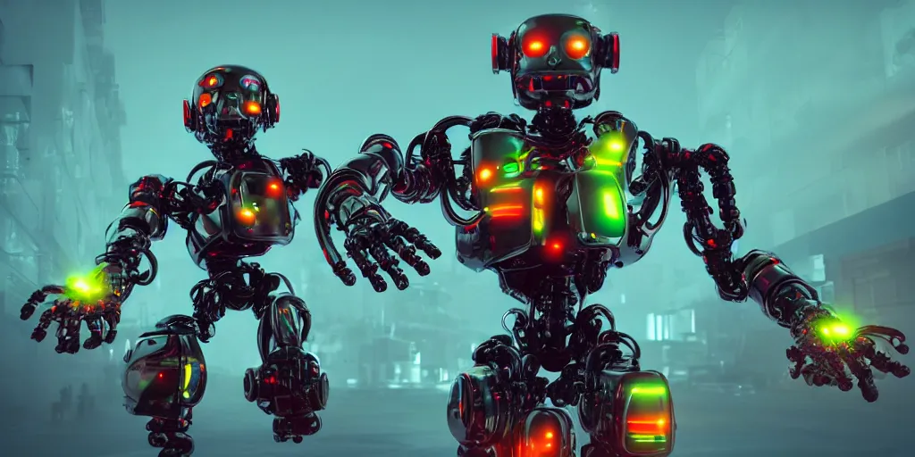 Prompt: A frightening multi armed evil robot with hammers surrounded by floating brains, hyperealistic very colourful hdr cinematic lighting cgi render photorealistic cinematic octane render