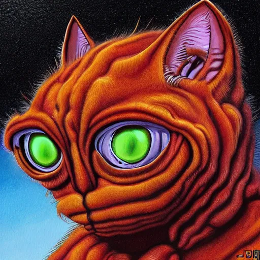 Prompt: painting of an alien cat creature that looks like garfield, in the style of wayne barlowe