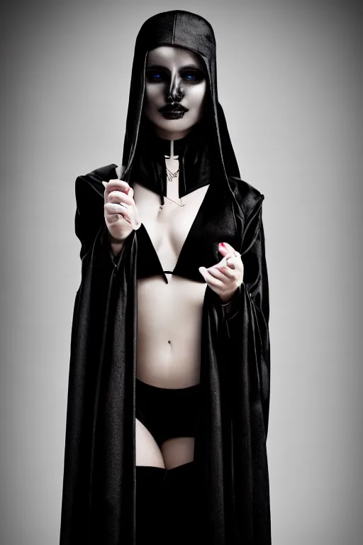 Image similar to very beautiful female necromancer, black hair, wearing black robe, luxury materials, symmetrical, cinematic, elegant, professional studio light, real dlsr photography, sharp focus, 4 k, ultra hd, sense of awe, high fashion