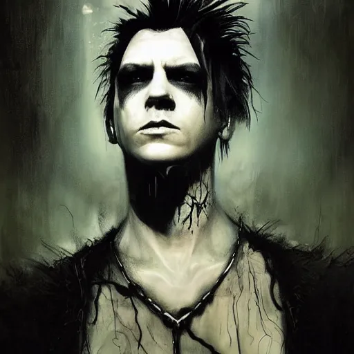 Image similar to portrait of gaunt ( the cure fan ) as dream from sandman, dim stars as eyes, by jeremy mann, by cedric peyravernay, by by russ mills, by richard avedon and ben templesmith, dramatic lightning, sadness, dark eye sockets, in the shadows, punk rock, gothic, high detailed, 8 k