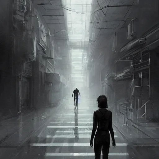 Image similar to concept art by greg rutkowski, a very tall and slender cyborg, talking to a short woman dressed in a utilitarian black and white jumpsuit, high tech and futuristic white walled environment, unnatural lighting, uncanny atmosphere, frightening and creepy atmosphere, scifi, highly detailed portrait, digital painting, artstation, concept art, smooth, sharp foccus ilustration, artstation hq