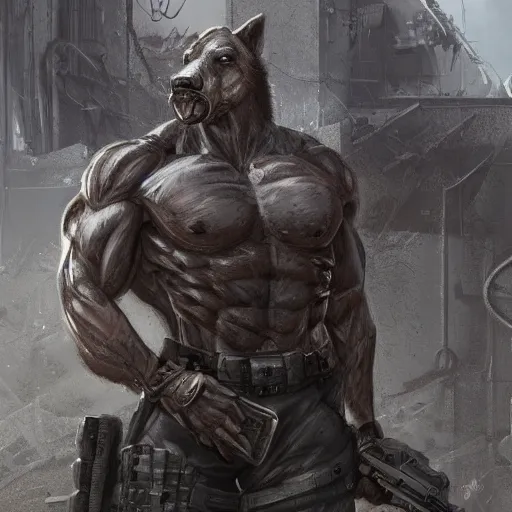 Prompt: a hyper - muscular anthropomorphized male horse with a magnificently muscular physique wearing tactical gear standing in the ruins of a facility, furry art, furaffinity, highly detailed, digital painting, artstation, concept art, magic the gathering, illustration by artgerm, greg rutkowski