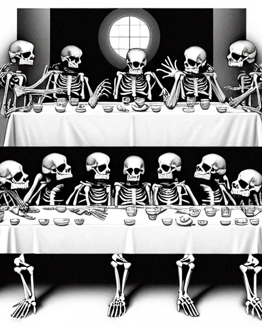 Prompt: last supper, all skeletons, true anatomy, artstation, by leonardo da vinci, trending on artstation