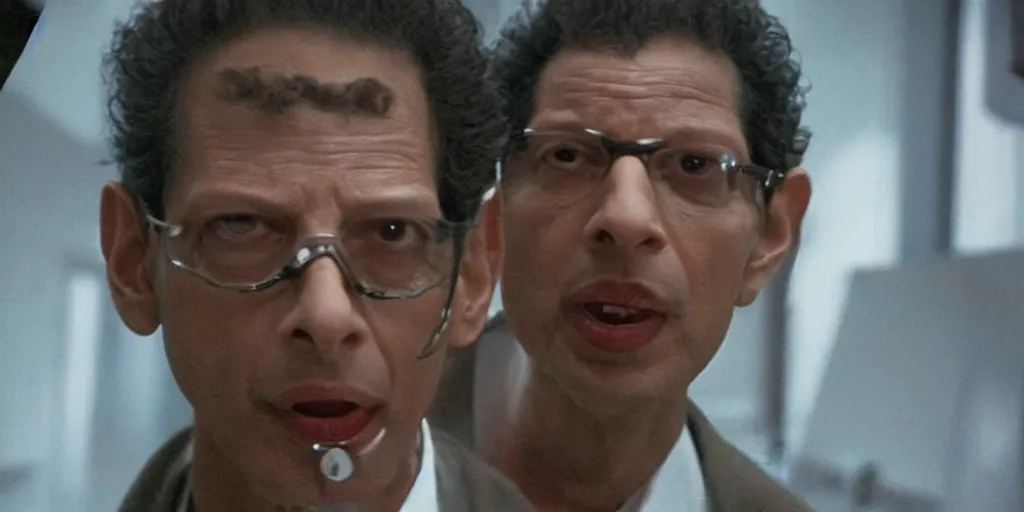 Image similar to ultra wide angle photo of jeff goldblum dressed as seth brundle is looking at himself in a bathroom mirror and seeing his reflection as the fly, a mutated insect version of jeff goldblum