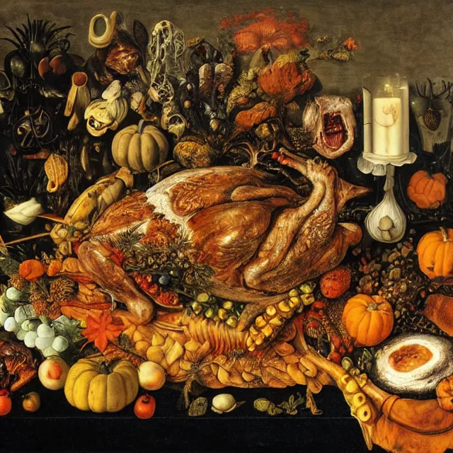 Prompt: victorian thanksgiving feast, black background, vanitas, still life by giuseppe arcimboldo, intricate high detail masterpiece
