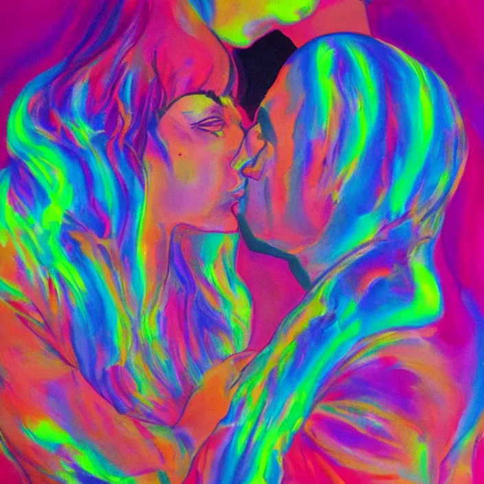 Image similar to close portrait of woman and man kissing. aurora borealis. iridescent, vivid psychedelic colors. painting by leon spillaert