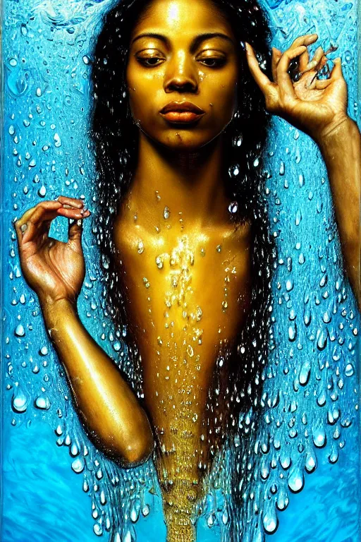 Image similar to photo realistic precisionist cinematic very expressive! oshun goddess, in water! john everett millais, mirror dripping droplet!, gold flowers, highly detailed face, digital art masterpiece, smooth eric zener cam de leon, dramatic pearlescent turquoise light on one side, low angle uhd 8 k, shallow depth of field