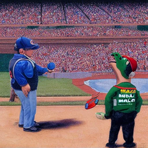 Image similar to turtle singing national anthem at chicago cubs game, by normal rockwell