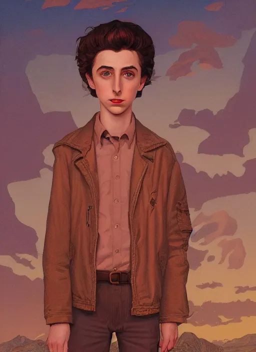 Prompt: twin peaks poster artwork by michael whelan and tomer hanuka, karol bak, rendering of young innocent timothee chalamet, from scene from twin peaks, full of details, by makoto shinkai and thomas kinkade, matte painting, trending on artstation and unreal engine