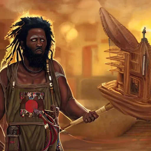 Image similar to beautiful feudal kenyan man, ghostbuster 1 5 6 7 dreaded hair, bob marley, intricate complexity 8 k character concept, ghostbusters, ghostbusters proton pack, ghostbusters trap, in feudal japan, atmospheric background, steampunk aesthetic, fresh food market, people, fine line detail, cinematic quality, high octane, cry engine, 4 k render, masterpiece, octane