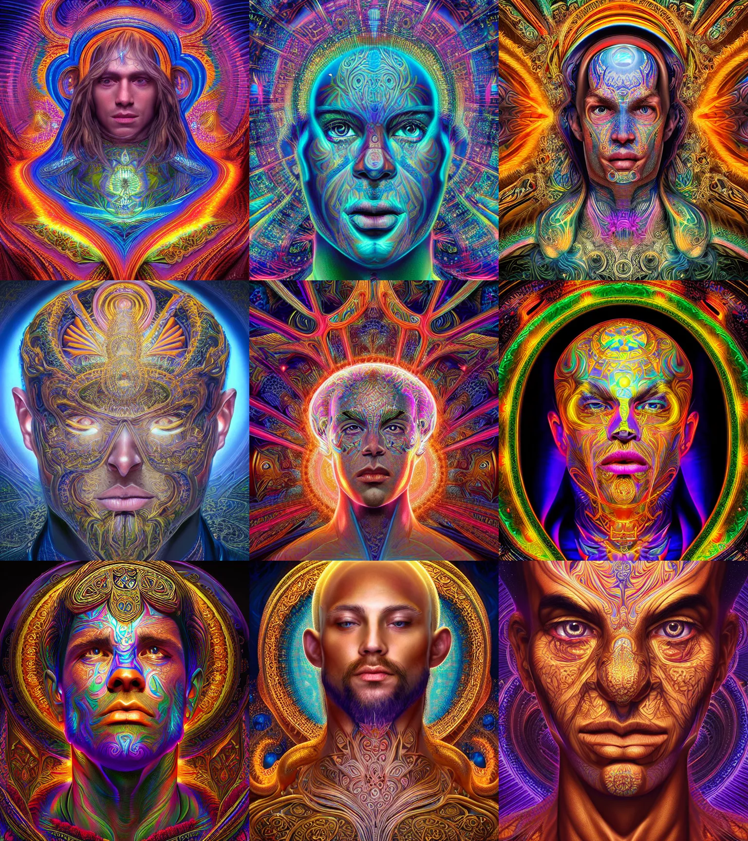 Prompt: a intricate ornate psychedelic image of divinely illuminated male portrait, digital art by artgerm, alex grey, dan mumford, felix kelly, psychedelic art, psychedelic, fractalism, fractals, sacred geometry, trending on artstation, hyper realism, highly detailed, cgsociety, octane render, 3 d