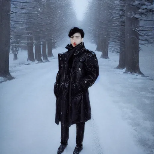 Image similar to beautiful snow - covered korean young man posing on road in park with pines, dressed in leather coat, night, 1 9 8 0 s haircut, half - length portrait, perfect symmetrical eyes, cinematic by peter mohrbacher, detailed, hyperrealism
