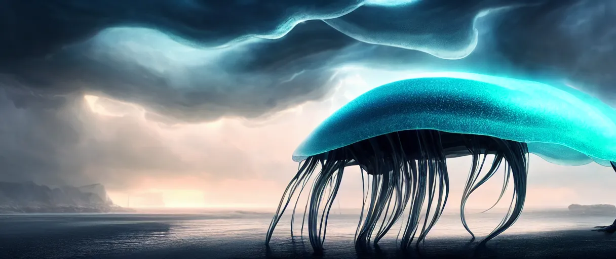 Image similar to a stunning cinematic extreme wide shot of an slick sleek smooth translucent jellyfish sea monster wearing clothes made of seaweed on a dark stormy beach, with huge luminous sad eyes, sharp claws, cgsociety, hd octane render, fantasy, artstation, deviantart, furaffinity, very very clean, super smooth, thunderclouds, thunderstorm