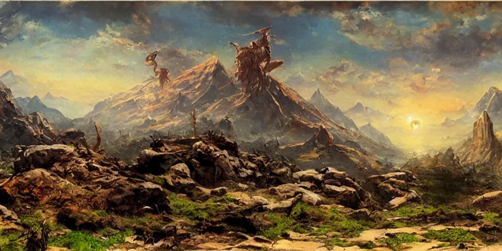 Image similar to epic fantasy landscape in the style of frank frezetta,