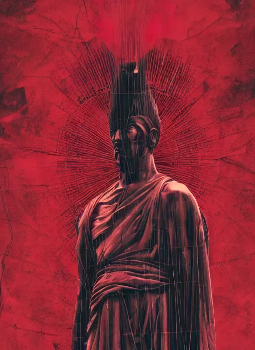 Image similar to elegant dark design poster showing a statue of julius caesar, black background with very subtle red and purple design elements, powerful, nekro, vito acconci, thin straight lines, dark, glitch art, neo vaporwave, gritty, layout frame, square, extremly detailed, trending on artstation