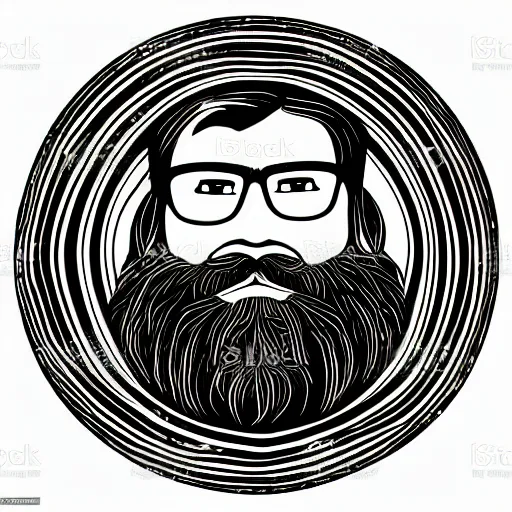 Image similar to bearded nerd turns bowl using woodlathe, vector art, monochromatic