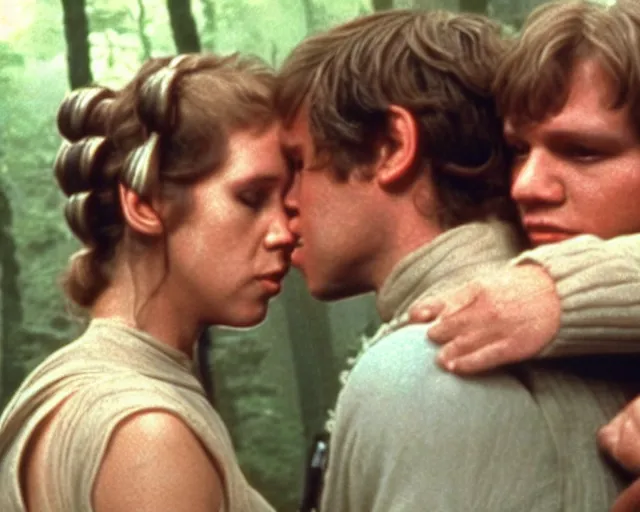 Image similar to luke skywalker, princess leia and han solo hugging and kissing in the forest of endor at the end of return of the jedi, faster, more intense, dolby stereo