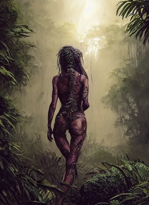 Prompt: a tribal woman from behind, in front of the aircraft carrier USS Nimitz overgrown with lush vegetation, tropical forest, post appocalyptic, by Luis Royo, by Greg Rutkowski, dark, gritty, intricate, backlit, strong rim light, cover illustration, concept art, volumetric lighting, volumetric atmosphere, sharp focus, octane render, trending on artstation, 8k