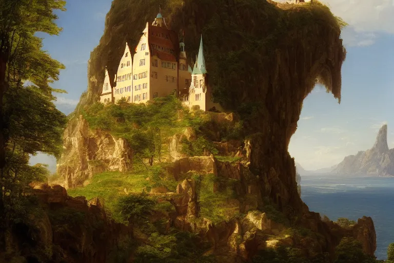 Image similar to a german castle on the cliff, by thomas cole, trending on artstation