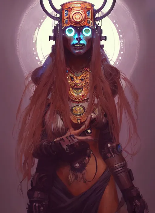 Image similar to portrait of cybertronic shaman beautiful girl, intrigante, bone headgear, headshot, highly detailed, digital painting, artstation, concept art, sharp focus, cinematic lighting, illustration, art by artgerm and greg rutkowski, alphonse mucha, cgsociety