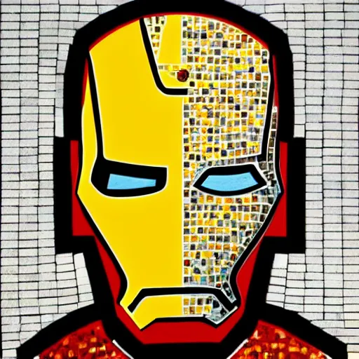 Image similar to mosaic portrait of iron man with robot ears by Saimir Strati, 4k, intricate details, fire