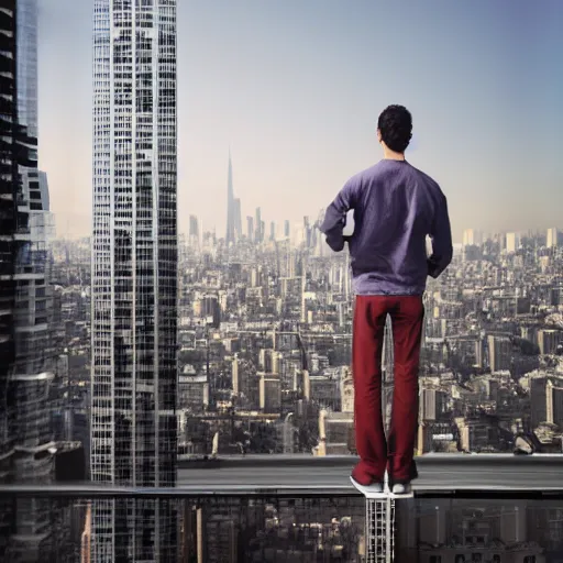 Prompt: a person standing on top of a tall building, a stock photo by Thomas Struth, shutterstock contest winner, superflat, national geographic photo, hyper realism, behance hd -1024