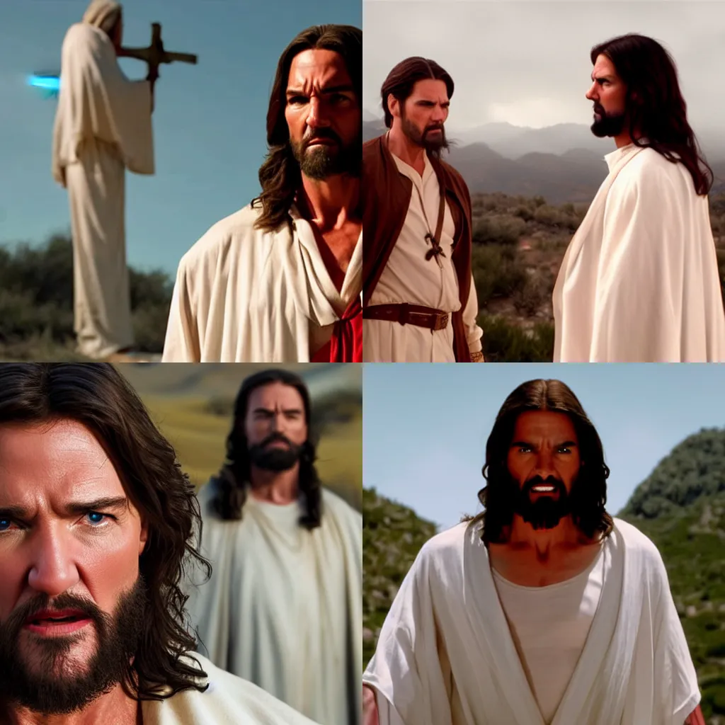 Prompt: 4k still from the Quentin Tarantino movie Jesus featuring Tom Cruise as Jesus, closeup of Jesus wearing a white and red vest, nature in background