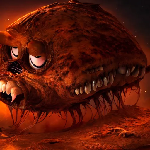 Prompt: eldritch horror bloody garfield in space, hd, 8 k, giant, epic, realistic photo, unreal engine, stars, prophecy, powerful, cinematic lighting, destroyed planet, debris, violent, sinister, ray tracing, dynamic, epic composition, dark, horrific, teeth, grotesque, monochrome drawing, hellscape