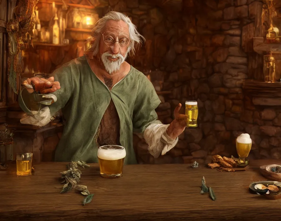 Image similar to old sage wizard drink beer from wooden cup in fantasy tavern, realistic fingers, realistic body, realistic clothing, beautiful texture, beautiful graphics, fantasy artwork, very beautiful scenery, hd, hdr, ue 5, ue 6, unreal engine 5, cinematic 4 k wallpaper, 8 k, ultra detailed