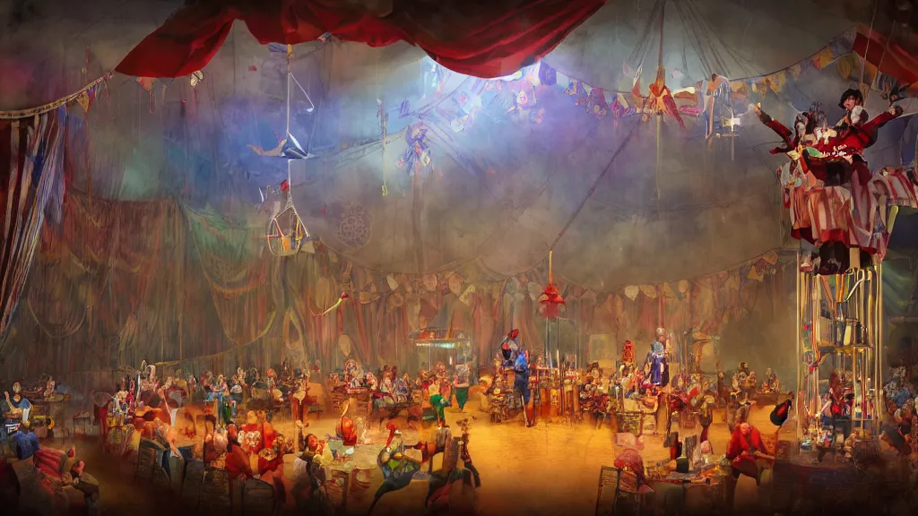 Image similar to of a gang of circus clowns, drinking alcohol, inside a circus tent, matte painting, concept art, 4K