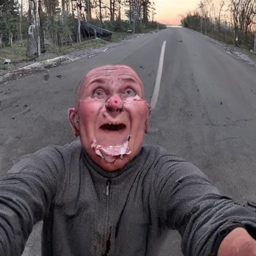 Prompt: 2 0 2 2 last selfie of last alive of frightened funny ukrainian is trying to escape, badly injured from radiation from a huge nuclear explosion, a nuclear missile flies right at him