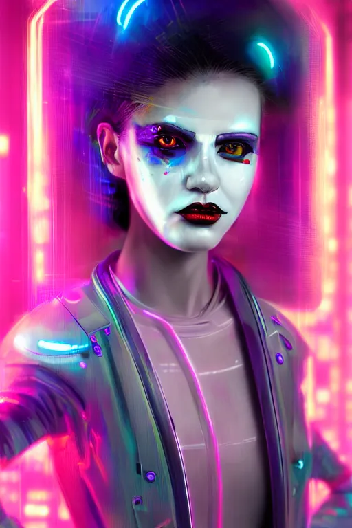 Prompt: portrait futuristic stylish cyberpunk young female clown, in futuristic rainny thunder flashing tokyo rooftop cyberpunk night, ssci-fi, fantasy, intricate, very very beautiful, elegant, neon light, highly detailed, digital painting, artstation, concept art, soft light, hdri, smooth, sharp focus, illustration, art by tian zi and craig mullins and WLOP and alphonse mucha