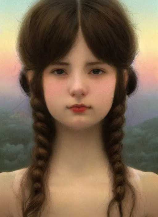 Image similar to hyper detailed 3 d render, 2 8 mm photo, cute portrait, brunette,! italian beauty!, looking at camera, symmetrical face, long brunette hair, nose ring,!! smiling cow!! by ryden, kawase hasui, dorothea tanning, edward hopper and james gilleard, aivazovsky, beksinski, artstation