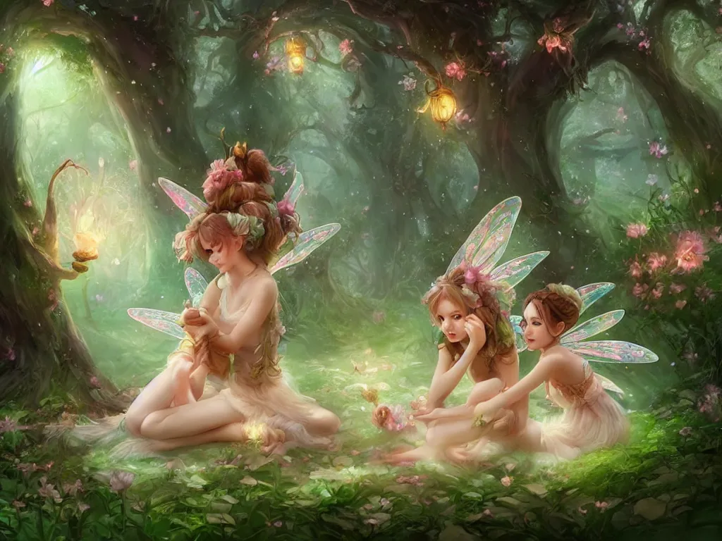 Image similar to two cute fairy in the dreamy forest, fantasy, dreamlike, 8 k resolution, hyper detailed, d & d, character design, digital painting, trending on artstation, sharp focus, illustration, art by artgerm, viktoria gavrilenko, hoang lap, fuji choko, steve zheng