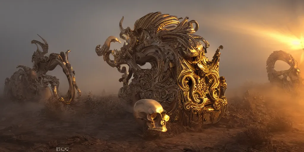 Image similar to white bird skulls, gold ram skulls, copper goat skulls, grand imposing powerful sculpture. swirls of mist. sunrise, light beams. occult photorealism, uhd, amazing depth, volumetric lighting, cinematic lighting. epic landscape.