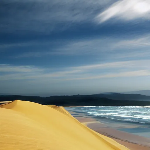 Image similar to sandboarding sandhills and seascape hokianga, cinematic composition, wide shot, digital art