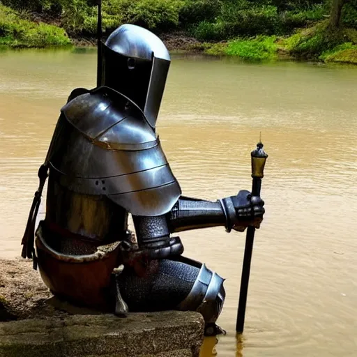 Image similar to knight sat by a river, epic