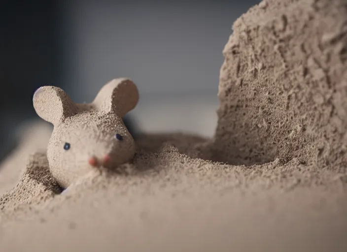 Image similar to wide dslr photo still of a mouse inside a perfect sandcastle, 8 k, 8 5 mm f 1. 4