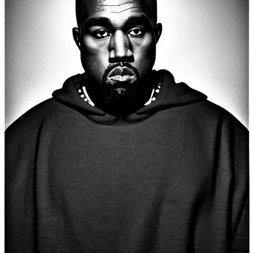 Image similar to 4 k editorial photograph of down syndrome kanye west, sharp focus, soft lighting, edge lighting, studio portrait, 1 3 mm film color grading