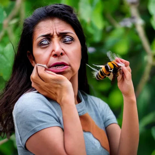 Image similar to mexican woman arguing with a bee, close - up, 4 k photorealism