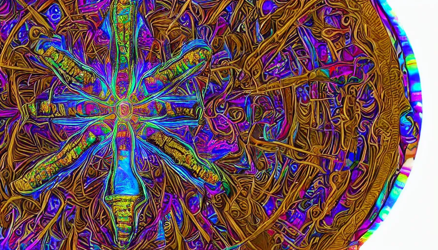 Prompt: a medicine man with a face made of ornate sacred geometry, psychedelic, iridescent 8 k