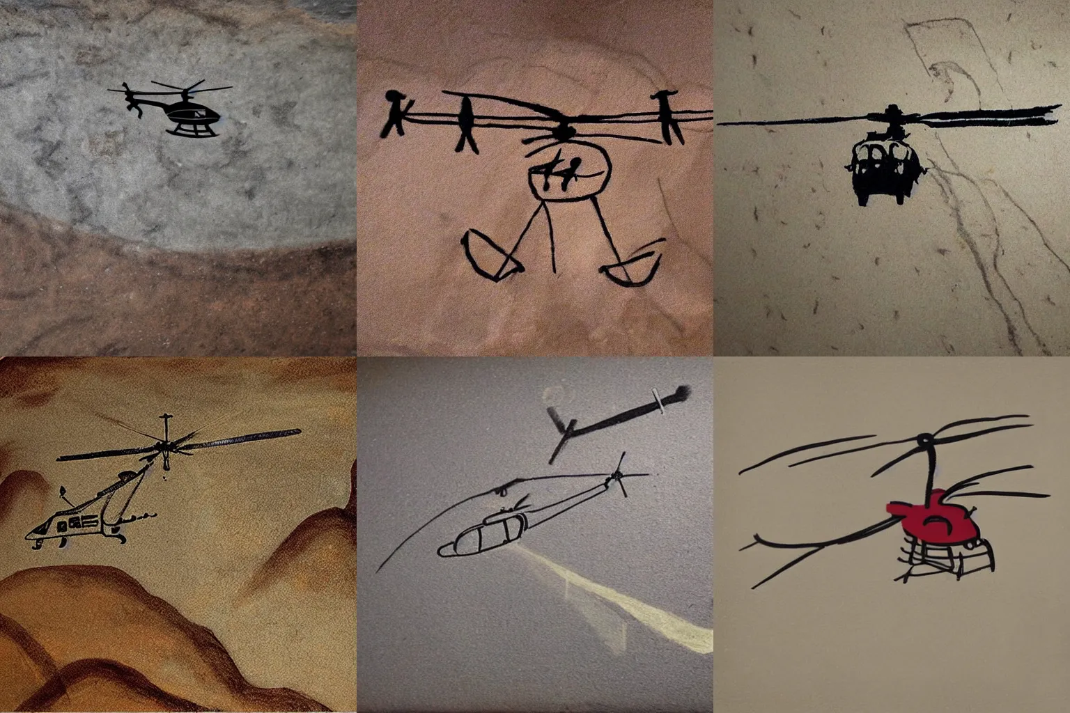 Prompt: Cave painting of a helicopter