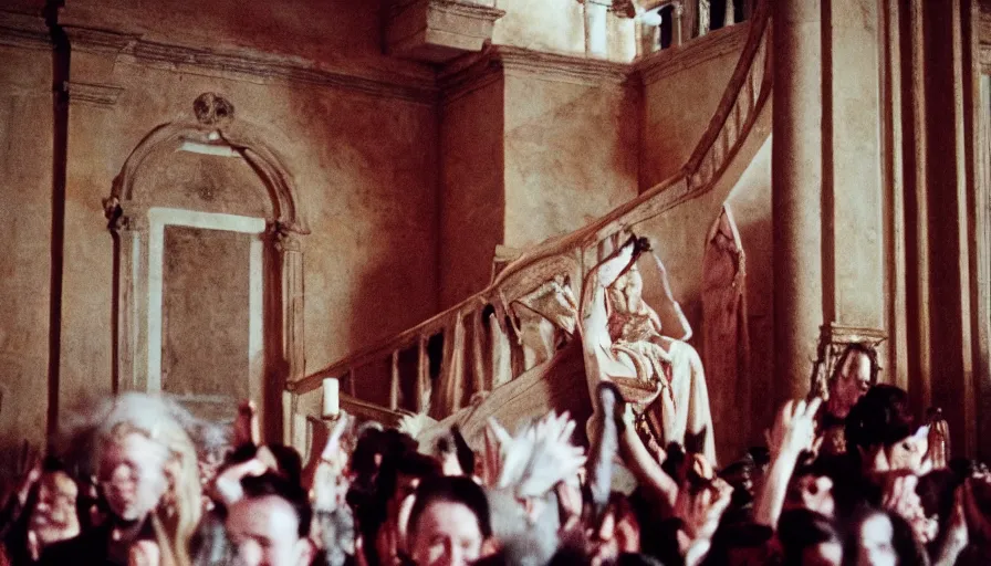 Image similar to movie still by tarkovsky of caligula poniard to death by senators on ancient stairs, cinestill 8 0 0 t 3 5 mm, high quality, heavy grain, high detail, dramatic light, ultra wide lens, anamorphic