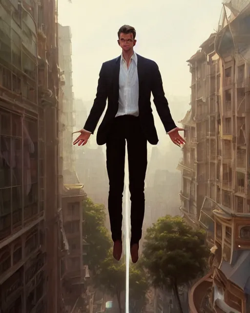 Prompt: wide angle of attractive man wearing a white linen clothes levitating over the street below, arms spread wide, the world ablaze, highly detailed, digital painting, artstation, concept art, smooth, sharp focus, illustration, art by artgerm, greg rutkowski, alphonse mucha, j. c. leyendecker