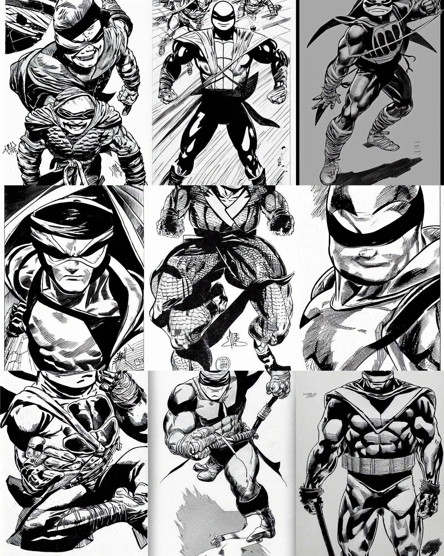 Prompt: year 1 9 8 5!!! oversized head! mirage comics ninja turtle!!! jim lee!!! medium shot!! flat ink sketch by jim lee close up in the style of jim lee, comic book 1 9 8 5 ninja turtle by jim lee