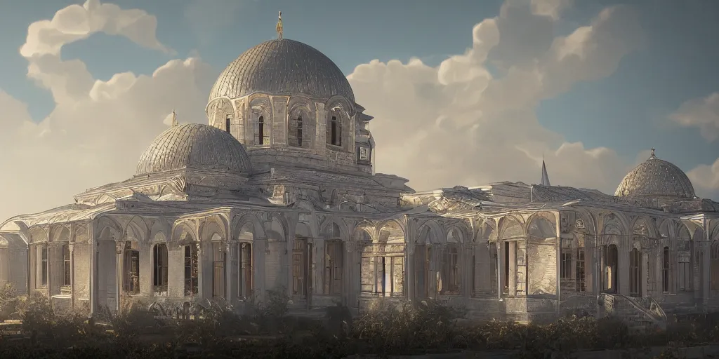 Prompt: beautiful digital illustration of a shining silver Byzantine palace in the sky, fluffy pastel clouds, architecture, concept art, deviantArt, artsation, artstation HQ, HD, 16k resolution, smooth, sharp detail, amazing depth, octane, finalRender, Unreal Engine